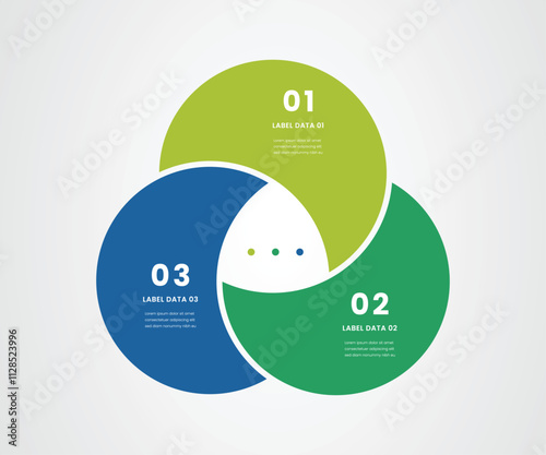 Infographics with colored sections. Flat pie chart with 3 steps, options, parts, processes with arrows