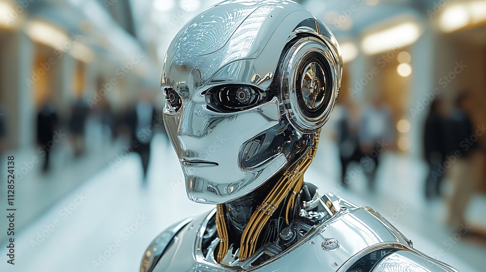 Chrome Robot Head in Futuristic Environment Chrome Robot Head in Futuristic Environment