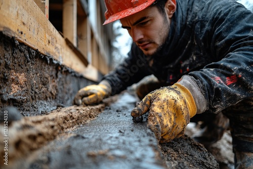  A builder fixes cracks in the foundation of a house. Generative AI photo