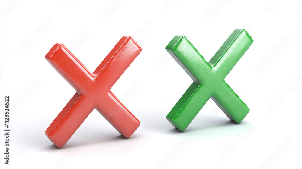 Fototapeta premium Red X and green check mark icon set isolated on a white background