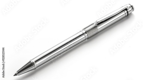 A sleek, silver pen with a comfortable grip, isolated on a white background, ready for writing 