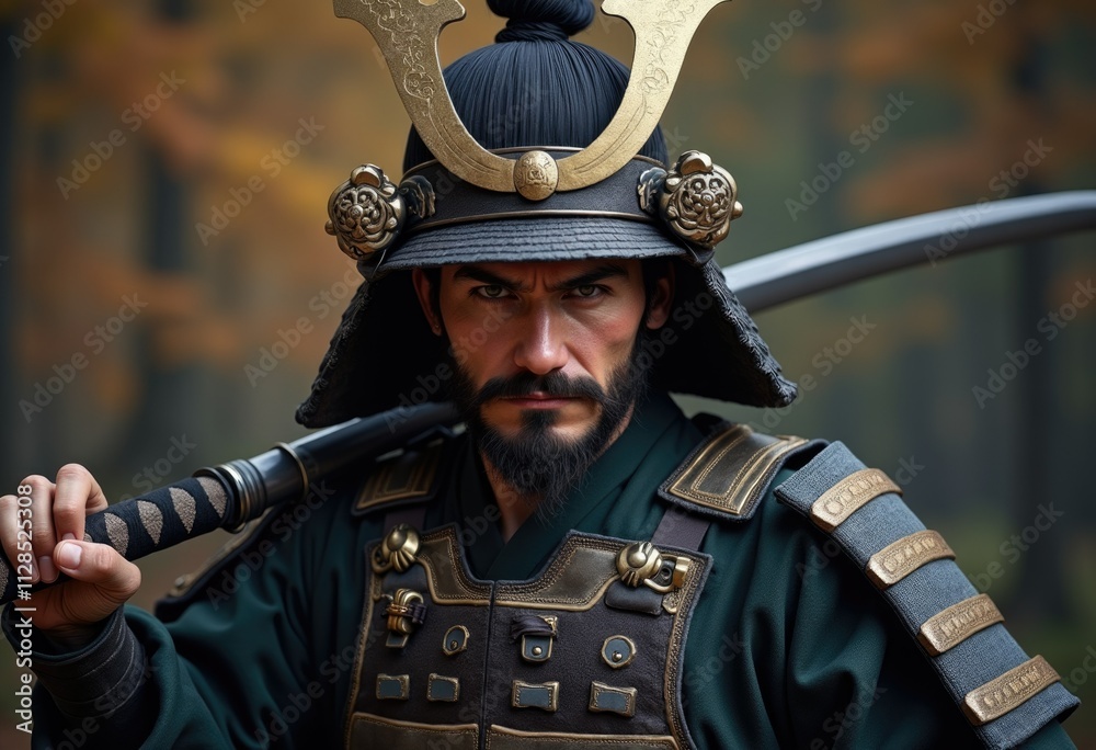 A samurai warrior in full armor and a katana, gazing intensely with a focused expression. A samurai warrior in full armor and a katana, gazing intensely with a focused expression.