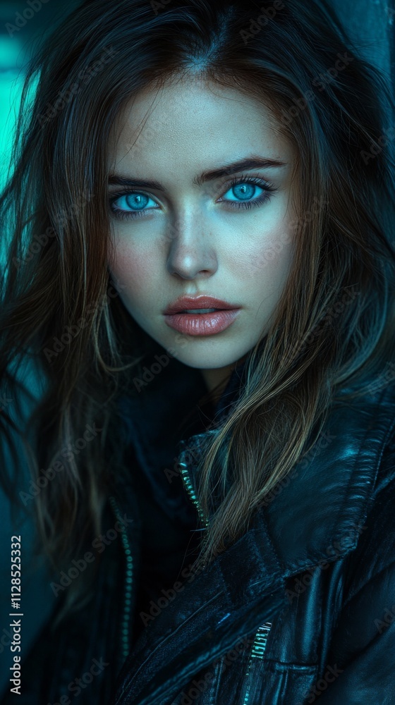Portrait of a confident woman with intense gaze in dramatic lighting Portrait of a confident woman with intense gaze in dramatic lighting