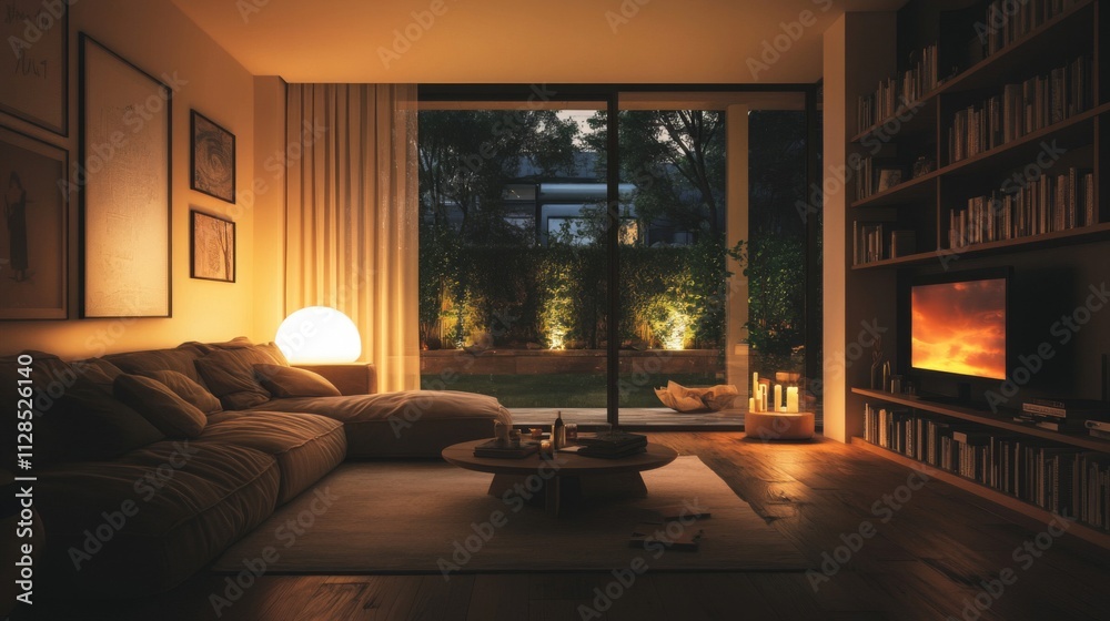 Modern Living Room Evening Ambiance Serene Garden View Modern Living Room Evening Ambiance Serene Garden View