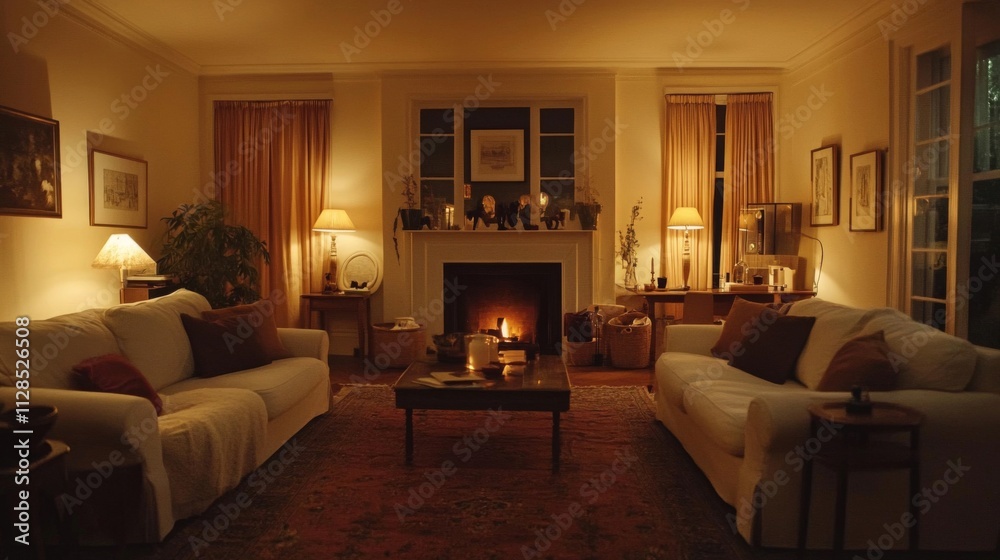 Cozy Living Room With Fireplace And Soft Lighting Cozy Living Room With Fireplace And Soft Lighting