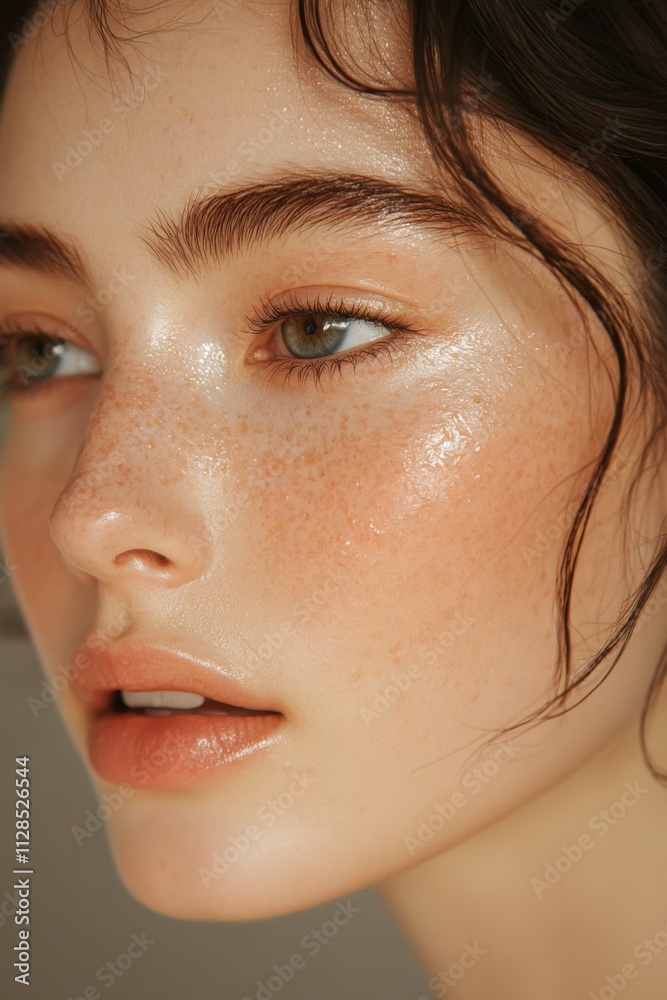 Obraz premium Close-up portrait of a woman with glowing skin and soft makeup
