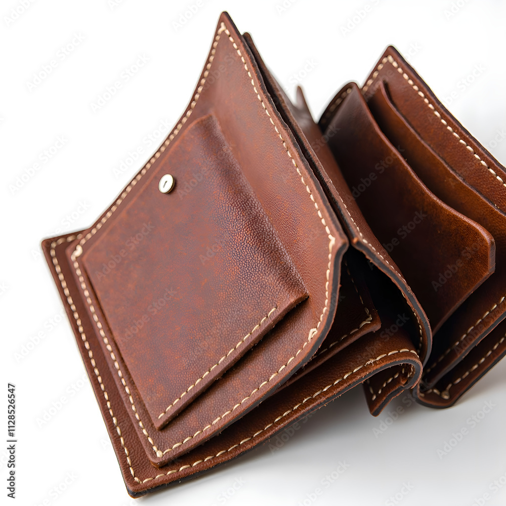 Elegant brown leather wallet displaying interior pockets and stitching details in natural light, photography of still life concept. Elegant brown leather wallet displaying interior pockets and stitching details in natural light, photography of still life concept.