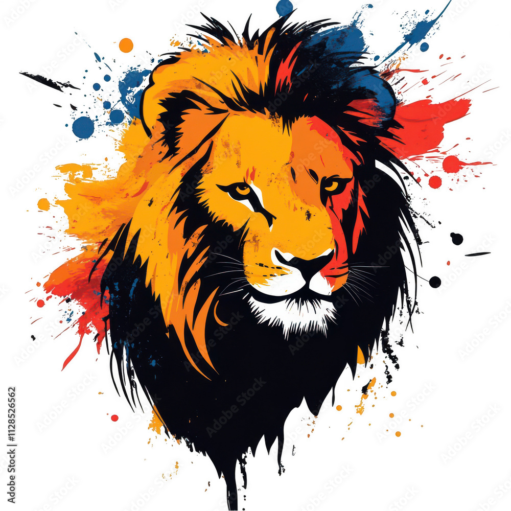 Lion head vector design with angry expression and colorful paint splash illustration on transparent background Lion head vector design with angry expression and colorful paint splash illustration on transparent background
