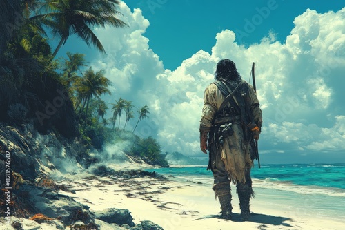 A castaway man dressed in tattered clothing, standing on a deserted beach with a makeshift shelter and palm trees in the background. Generative AI