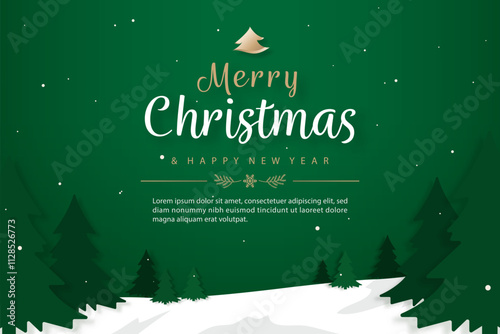 Green Christmas background with pine trees in snow forest and greeting text, vector design