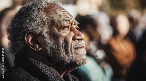 The expression of an elderly activist participating in a civil rights demonstration, Symbolizing lifelong commitment to social justice, close-up photography style photo