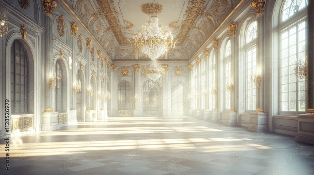 Sunlit Grand Ballroom With Gilded Details And Crystal Chandelier Sunlit Grand Ballroom With Gilded Details And Crystal Chandelier
