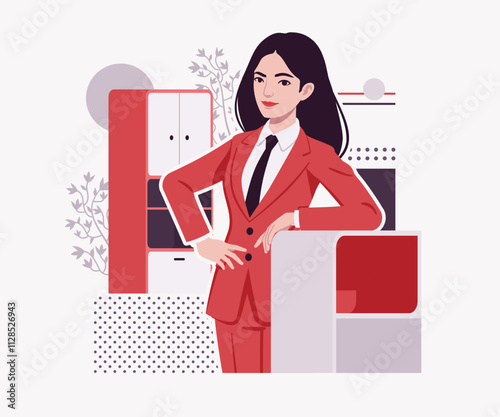 Ambitious brunette businesswoman office worker, confident business success, achievement, lady red suit, tie design for art magazine, blog, graphic advertisement, digital social media illustration