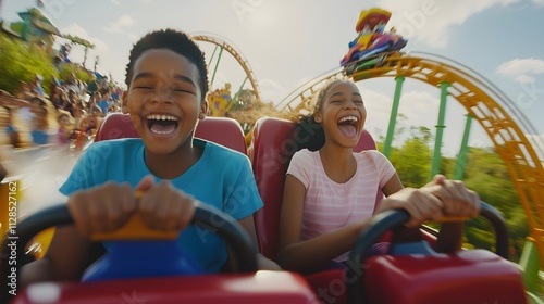 Parents cheering alongside their kids on a roller coaster ride with colorful tracks and loops.