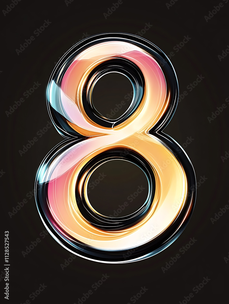 vibrant and glossy number 8 with colorful, reflective surface on dark background, showcasing modern and artistic design