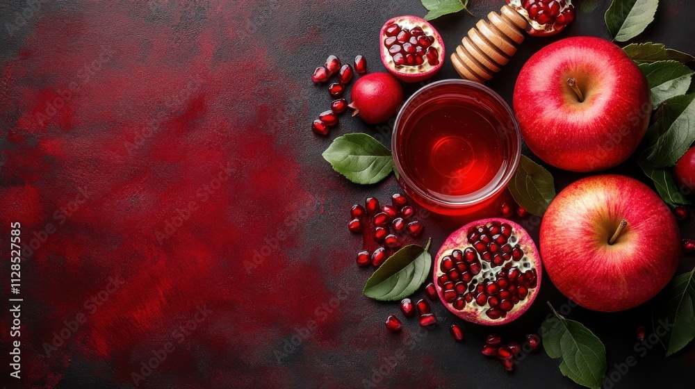 rosh hashanah traditional symbols apples pomegranate and honey on a red painted background copy space top view rosh hashanah traditional symbols apples pomegranate and honey on a red painted background copy space top view