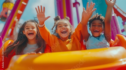 Parents waving at the camera while their children laugh during a roller coaster ride with bright colors surrounding them.