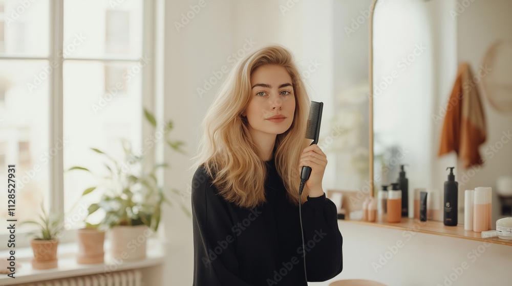 Woman Styling Blonde Hair with Electric Comb in Bright Minimalist Vanity Setup Woman Styling Blonde Hair with Electric Comb in Bright Minimalist Vanity Setup