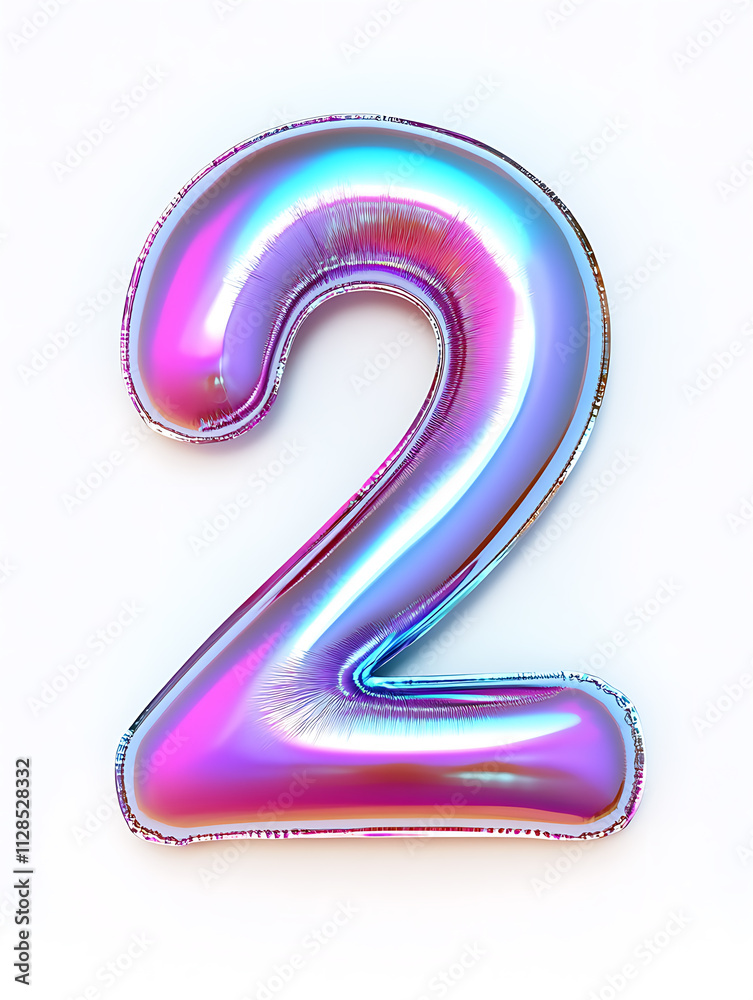 Holographic balloon in shape of number two with shiny, colorful surface. vibrant design features mix of pink, blue, and purple hues, creating playful and festive atmosphere Holographic balloon in shape of number two with shiny, colorful surface. vibrant design features mix of pink, blue, and purple hues, creating playful and festive atmosphere