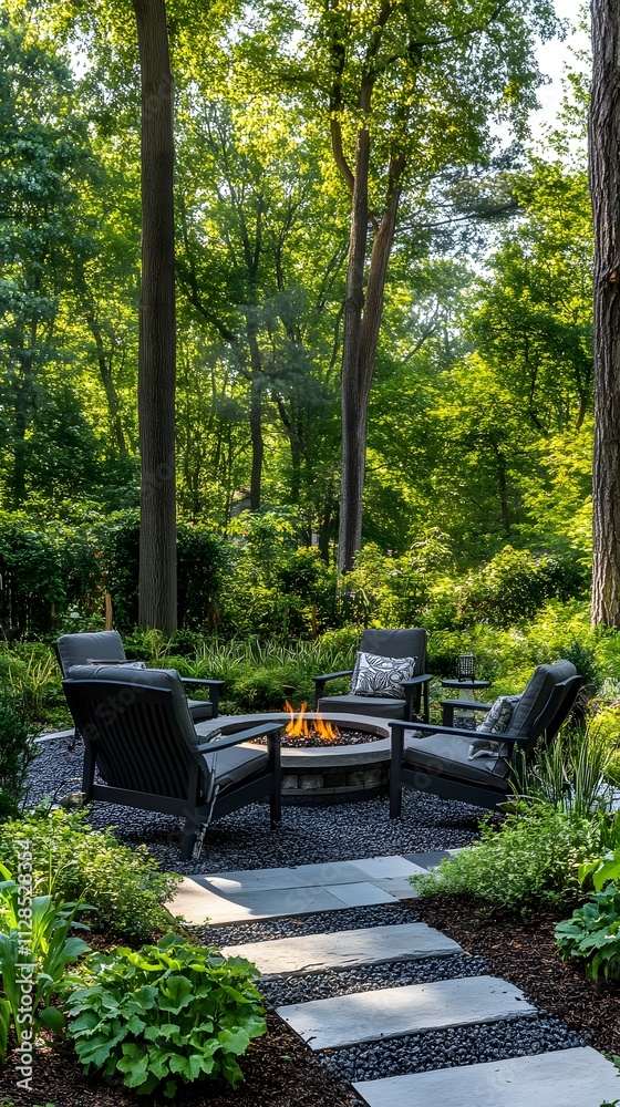 A lush backyard garden with comfortable chairs around an elegant fire pit