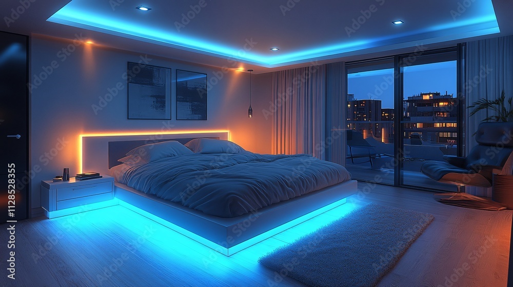 Modern Bedroom with Glowing Optical Sensors at Night Modern Bedroom with Glowing Optical Sensors at Night