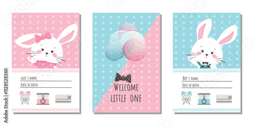 A set of birthday invitation templates for a girl and a boy with funny bunnies. Specify the name, date of birth, height, weight and time of birth. Vector design.