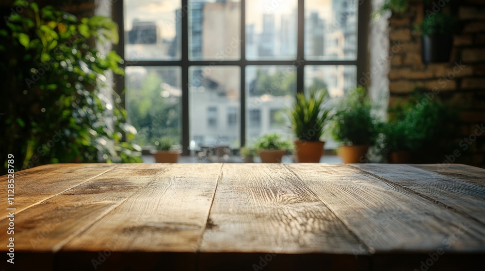 Rustic Wooden Table Indoor Plants Sunny Window View Rustic Wooden Table Indoor Plants Sunny Window View