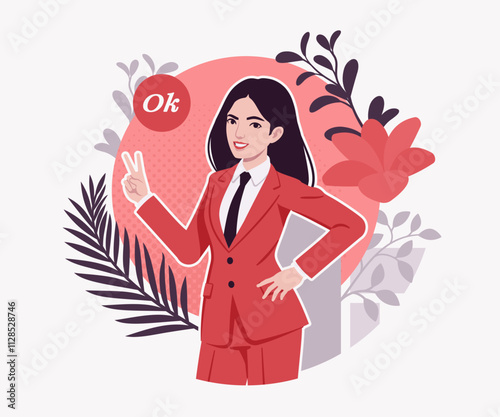 Ambitious brunette businesswoman ok office worker, confident business success, achievement, lady red suit, tie design for art magazine, blog, graphic advertisement, digital social media illustration