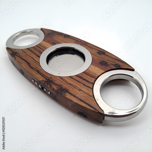 Artisanally crafted wooden cigar cutter with sleek stainless steel finish, photography of product design concept. photo