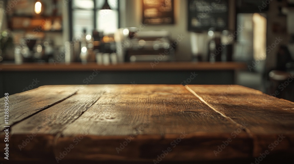 Rustic Wooden Tabletop In A Blurred Coffee Shop Setting Rustic Wooden Tabletop In A Blurred Coffee Shop Setting