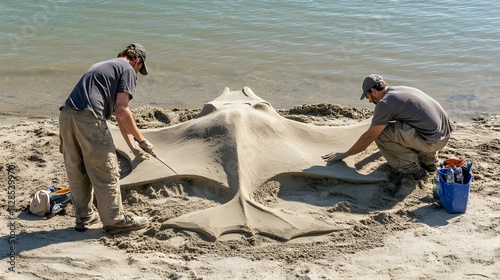 Two men sculpting a giant sand manta ray with smooth curves near the waters edge.