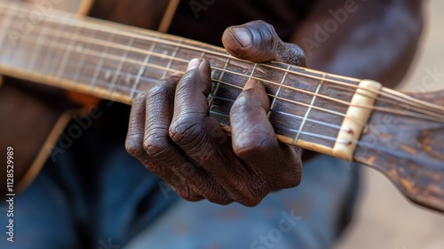 The fingers of a musician playing a soulful tune on a weathered guitar, Depicting passion and creativity amidst economic struggle, close-up photography style photo