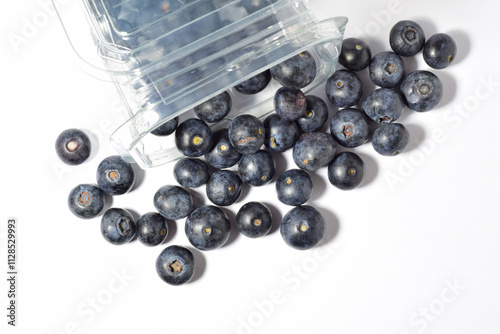 Zenith view, blueberries, with a contribution of beneficial nutrients for our body, white background.