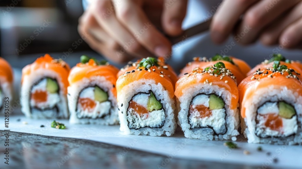 A close-up of sushi rolls being prepared, showcasing fresh ingredients and culinary skill. A close-up of sushi rolls being prepared, showcasing fresh ingredients and culinary skill.