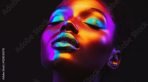 Bright hues highlight unique makeup artistry on model's face