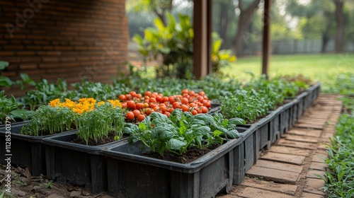 Fresh organic vegetables growing in greenhouse