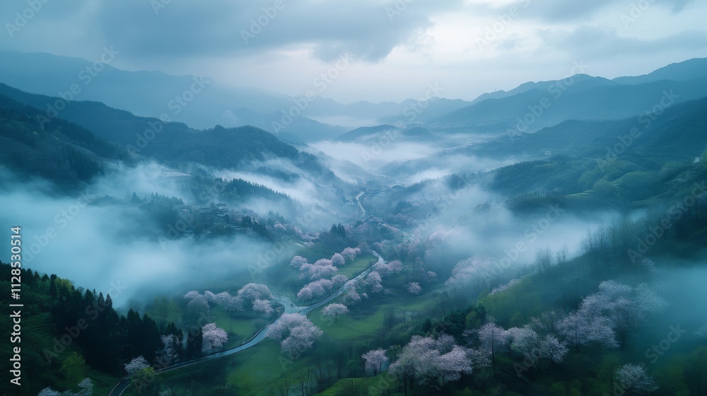Obraz premium Foggy mountain valley covered in lush greenery