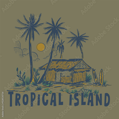 hand drawn illustration design graphic vintage small hut tropical island bandage logo ground