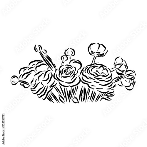 Vector black flowers bouquet icon, botanical lines art flower, Minimalist contour drawing of flower.