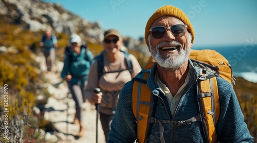 A lively group of seniors hikes along a scenic coastal path, soaking in the sunshine and fresh air. Their joyful expressions and camaraderie brighten the stunning landscape photo