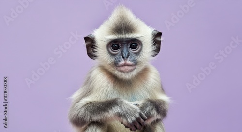 Portrait of baby langur against pastel purple background for wildlife conservation design