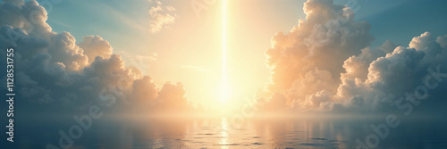 Breathtaking sunrise over calm ocean waters with dramatic clouds and shining light beam
