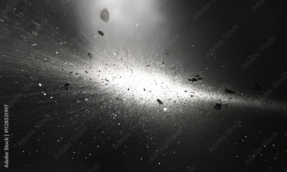 A dynamic explosion of particles against a dark background, evoking motion and energy.