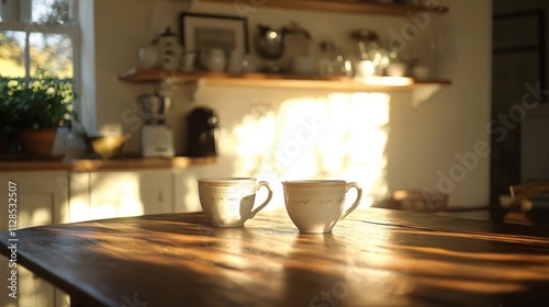 Wallpaper Mural Two Coffee Cups Resting On A Wooden Table In Sunlight Torontodigital.ca