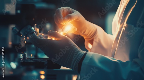 The hands of a scientist holding a breakthrough experiment in a laboratory, Symbolizing innovation and discovery in scientific research, close-up photography style photo