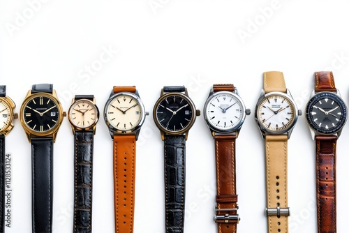 Various wristwatch styles displayed in a row on a white background, showcasing diversity in design and materials with ample copy space. Generative AI photo