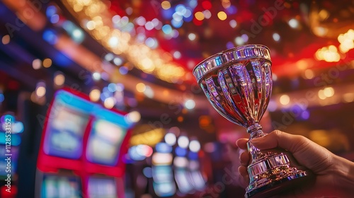 A casino host handing a jackpot winner a glittering trophy while flashing lights dance across the room.