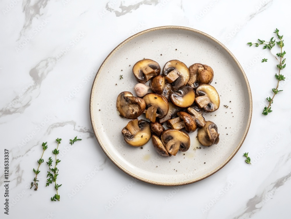 Fototapeta premium A plate of saut?ed mushrooms garnished with herbs, showcasing a delicious food presentation.