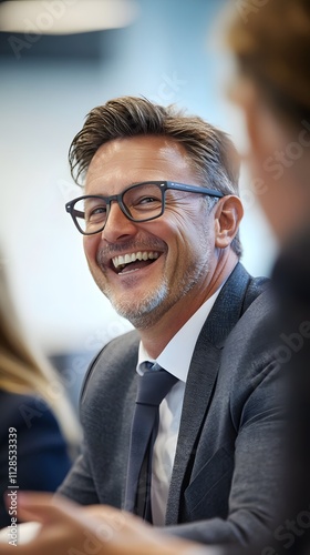 A group of business people smiling and laughing during an office meeting