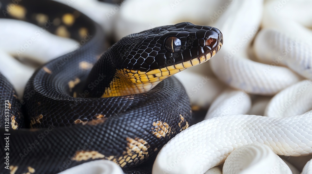 Fototapeta premium Close-up of a beautiful python snake coiled among white surfaces, showcasing its striking scales and texture.